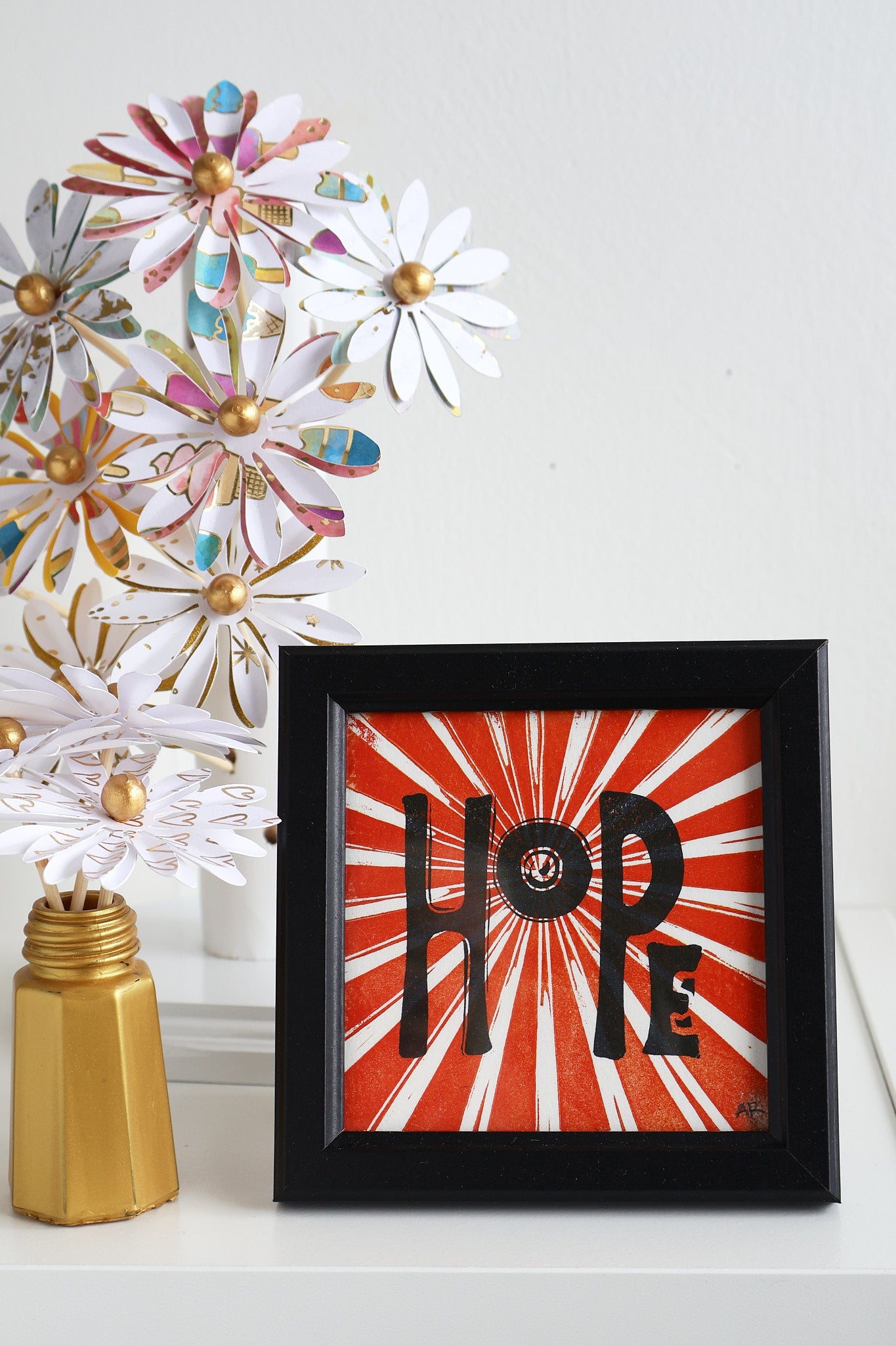 Hopeful Red Sunburst Block Print